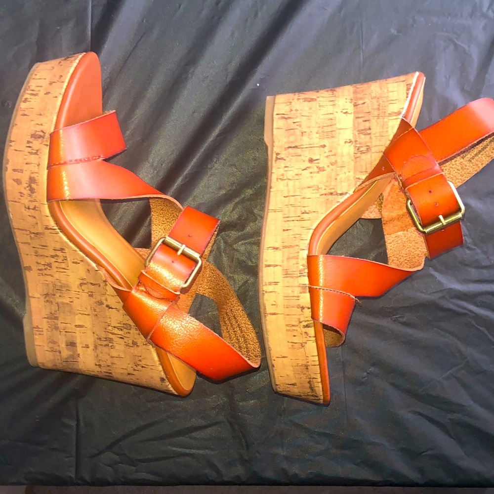 Rustic Orange retro Sandal caulked wedge heel Sz 8